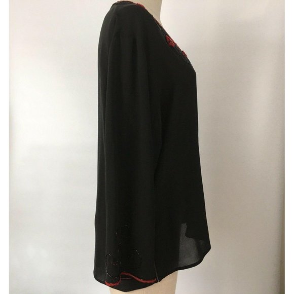 Carole Little Womens Silk Top Black Size 4 Blouse Red Semi Sheer Flower Bead VTG - Picture 3 of 10